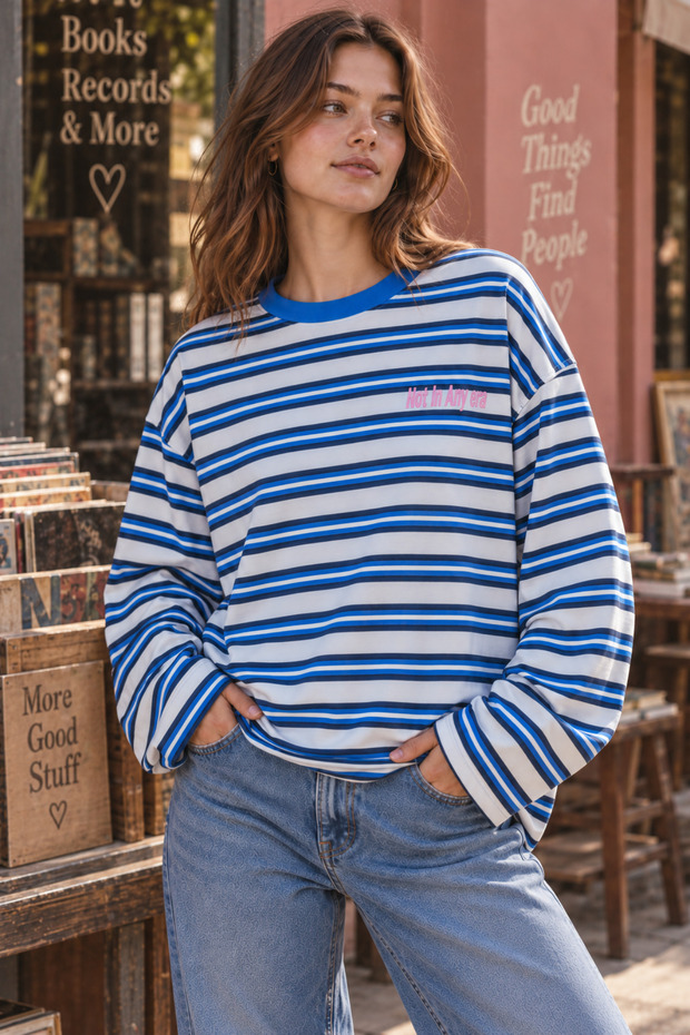 Women's Navy Blue Black Striped Crew Neck Oversize Sweatshirt