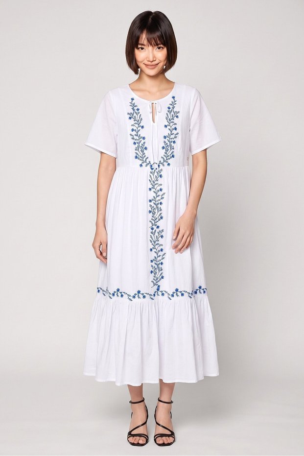 Women Embroidered Maxi Dress, White