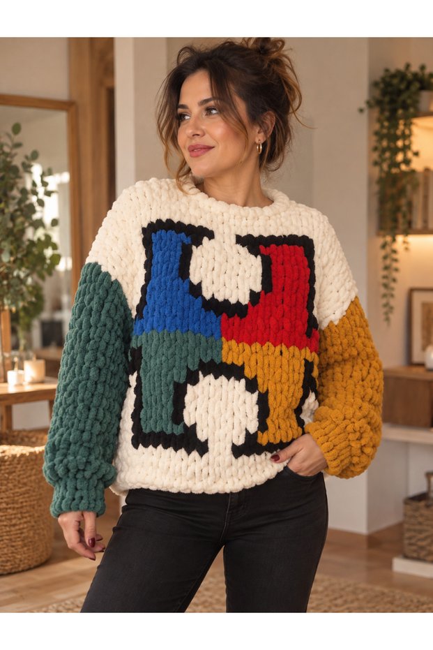 Zuviel Deco Special Design Pixel Art Collection Handmade Puzzle Patterned Oversize Puffy Chunky Sweater