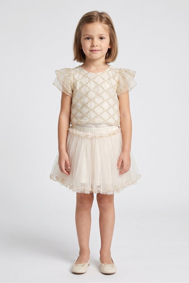 Kids Girl 3 Pcs Embellished Top And Skirt With Headband Set, Ivory