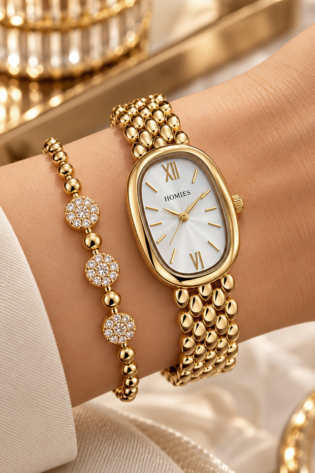 Oval Case Gold Color Women's Wristwatch - 3 Atm Water Resistant Steel Band Japanese Movement Gift Special Boxed Hmby2080C4