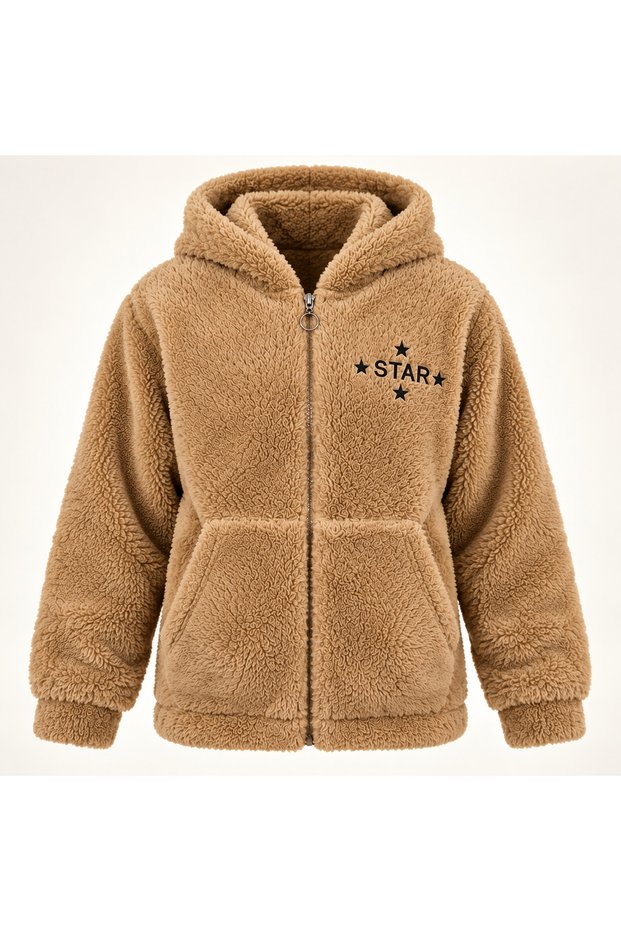 Girls Boys Soft Plush Cardigan – Star Embroidered Hooded Zippered Brown Winter Cardigan 8-9-10-11-12-13 Years Old