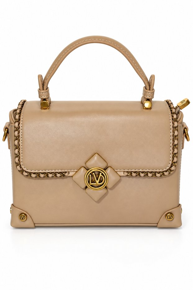 Beige Logo and Staple Detailed Box Design Women's Hand and Shoulder Bag