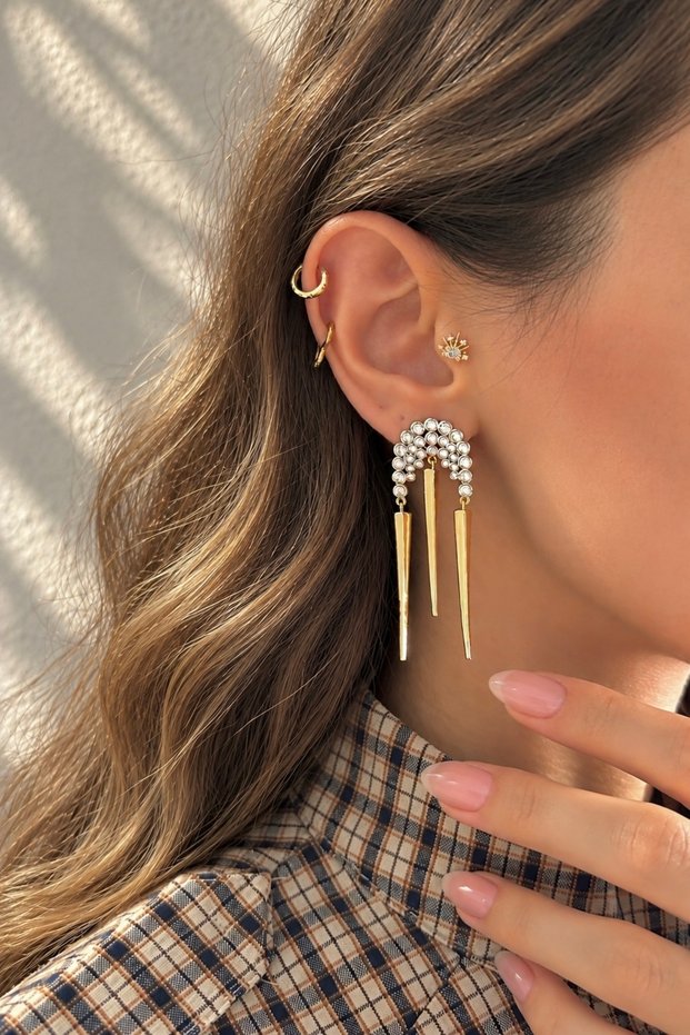 Stoned Curved Triple Bar Dangle Stud Earrings Set of 2