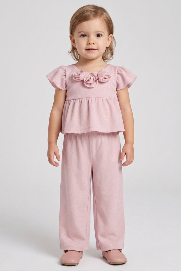Toddlers Girl 3 Pieces Metallic Top And Pant With Mini Handbag Set, Pink