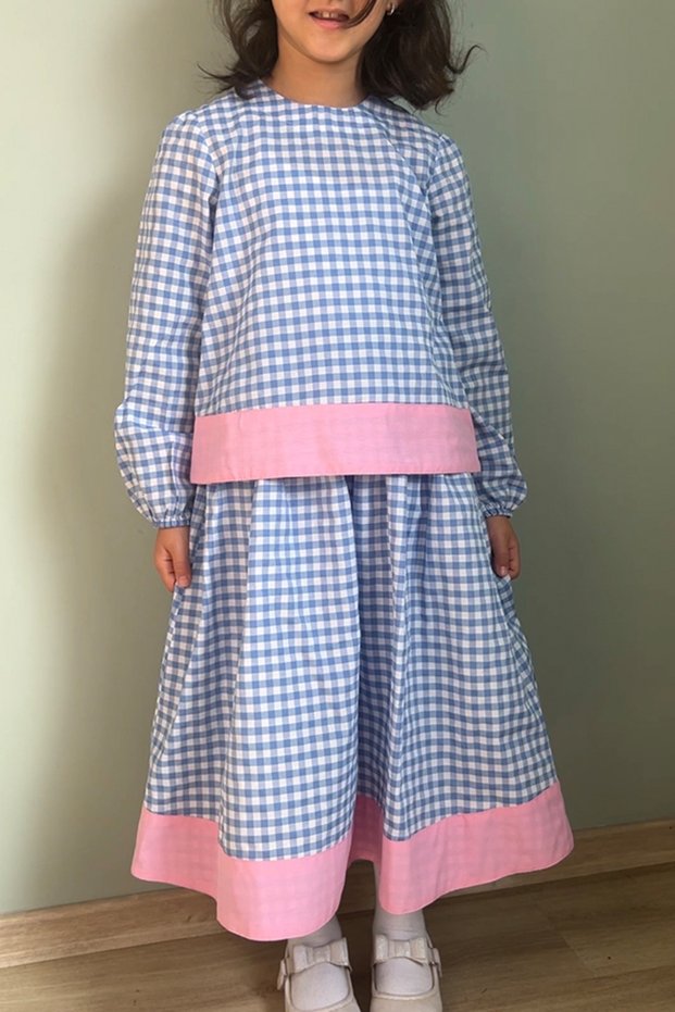 Girl's Cotton Gingham Midi Skirt Long Sleeve Blouse Set