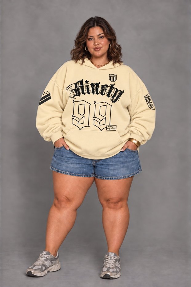 Hooded Sweatshirt Beige Oversize 3 Thread Threaded Unisex Hoodie