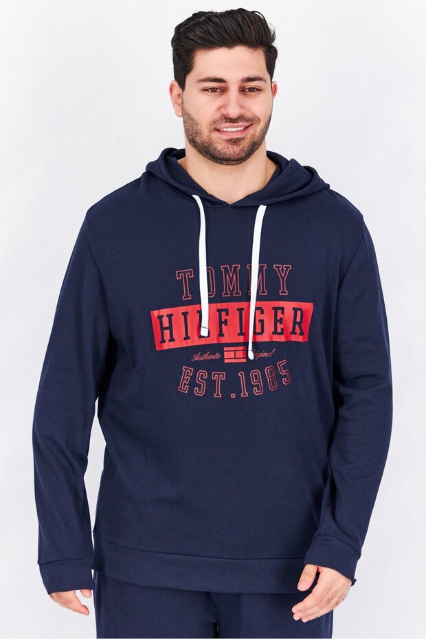 Men Hooded Brand Logo Long Sleeves Sweatshirt Sleepwear, Dark Navy