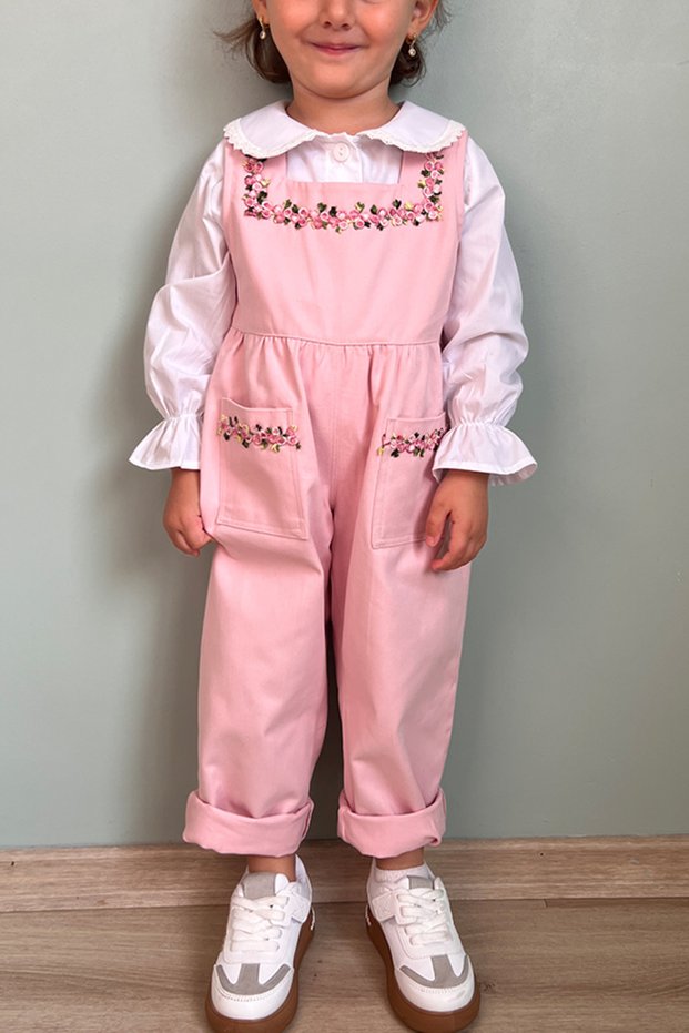 Girl's Cotton Poplin Pink Embroidered Seasonal Salopet Trousers