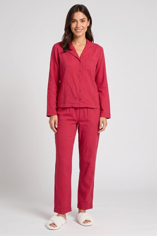 Women 2 Pieces Textured Long Sleeve Shirt And Pants Pajama Set, Dark Fuchsia