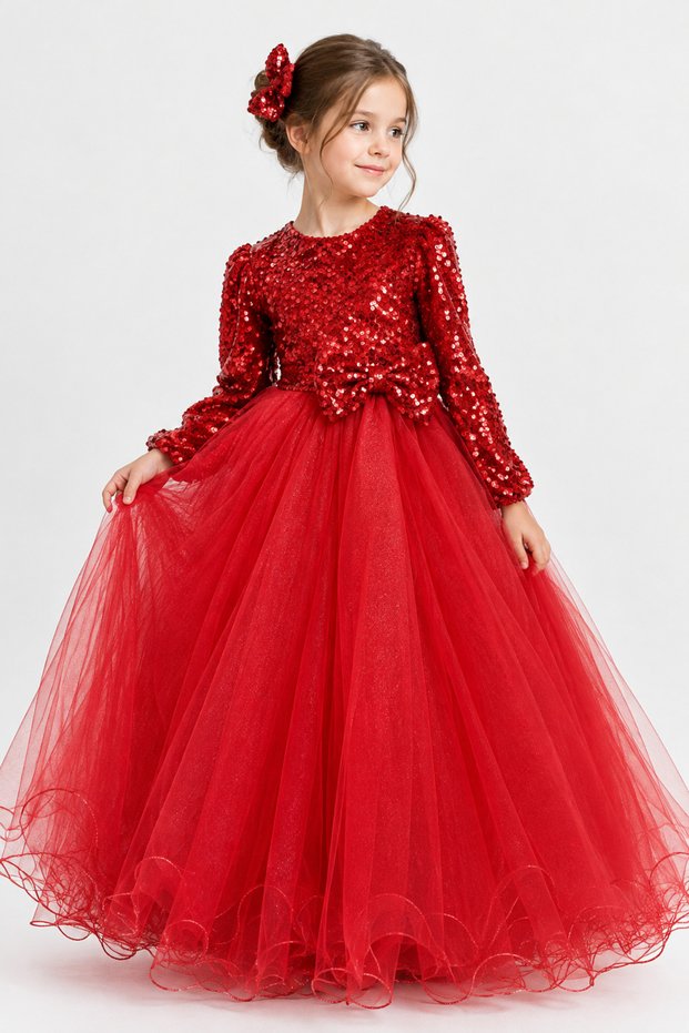 Sequined Long Sleeve Long Tulle Skirt Girls Winter Evening Dress