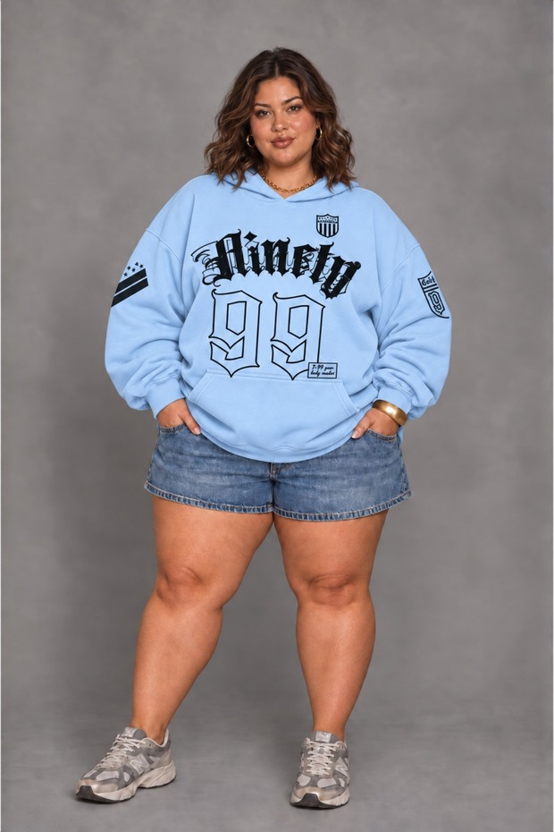 Hooded Sweatshirt Blue Oversize 3 Thread Threaded Unisex Hoodie