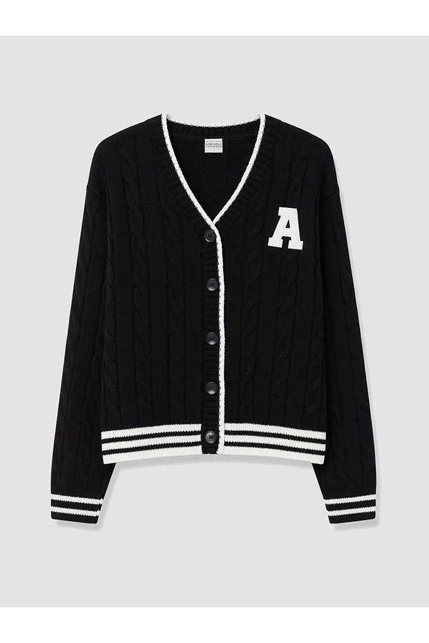 Özmarka New Season Black V-Neck Embroidered Girls' Cardigan