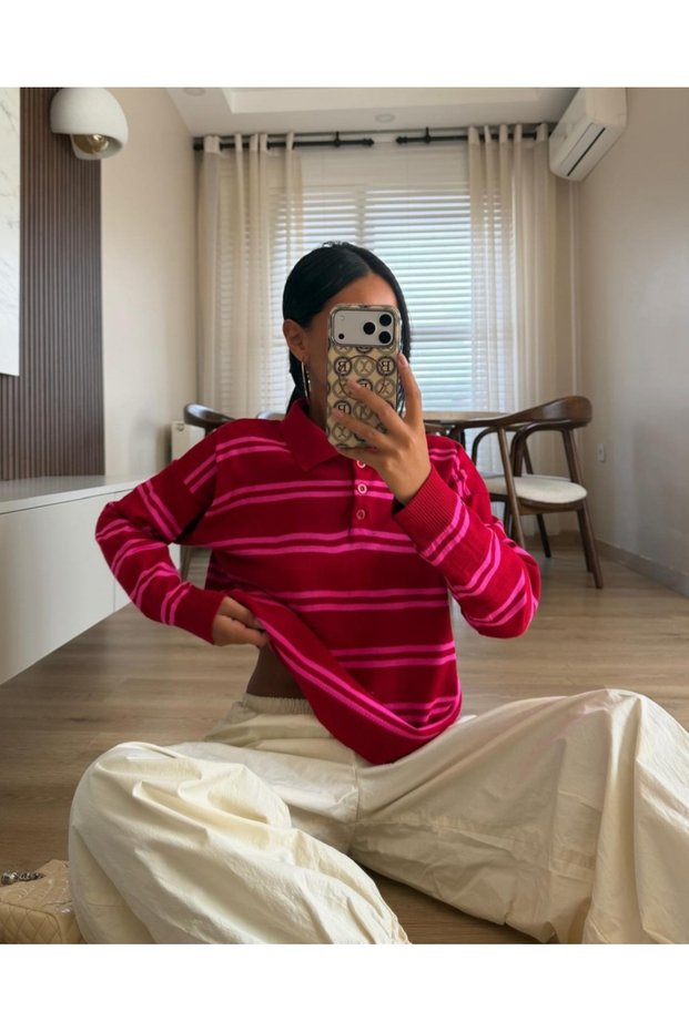 Women's Thin Striped Polo Collar Buttoned Comfortable Fit Long Sleeve Knitwear Sweater