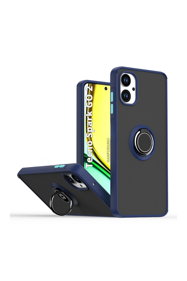 Tecno Spark Go 2 Compatible Case with Ring Stand Extra Impact Protection Hard Silicone Cover - Navy Blue
