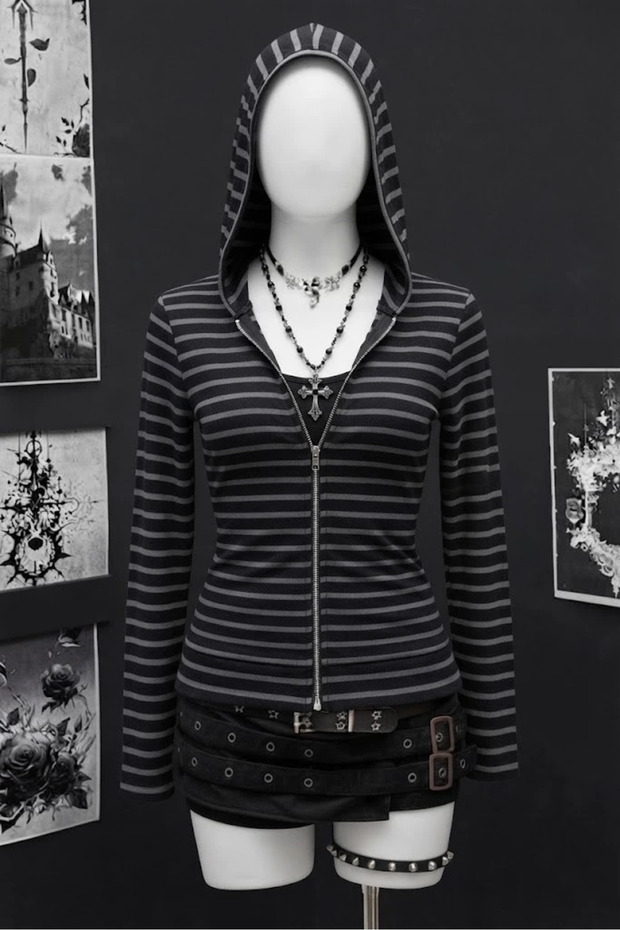 Black Anthracite Striped Corduroy Hooded Sweatshirt