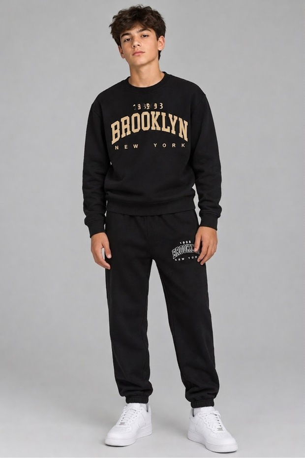Winter Boys' Black Brooklyn Printed Sweatshirt and Elastic Cuffed Sweatpants Set