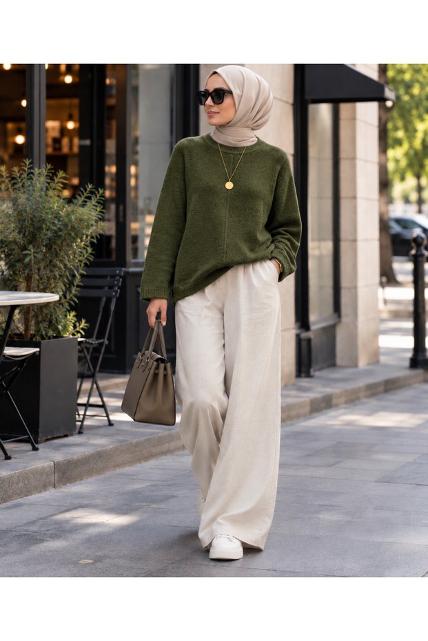 Women's Soft Textured Front Stitching Detailed Crew Neck Loose Long Sleeve Knitwear Sweater