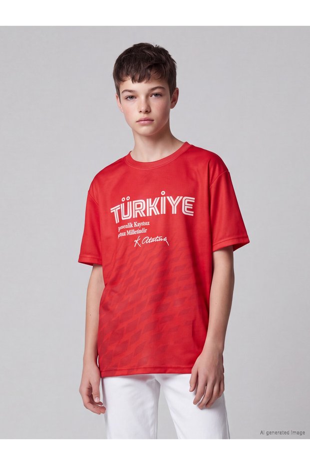 Peak New Season Red Atatürk Signed Boys' T-Shirt.