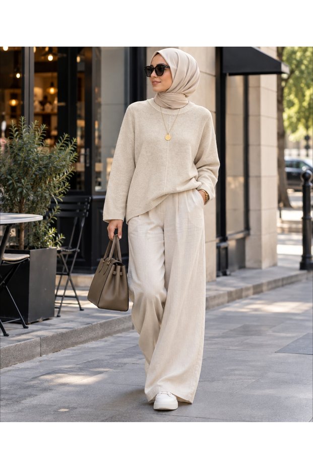 Women's Soft Textured Front Stitching Detailed Crew Neck Loose Long Sleeve Knitwear Sweater
