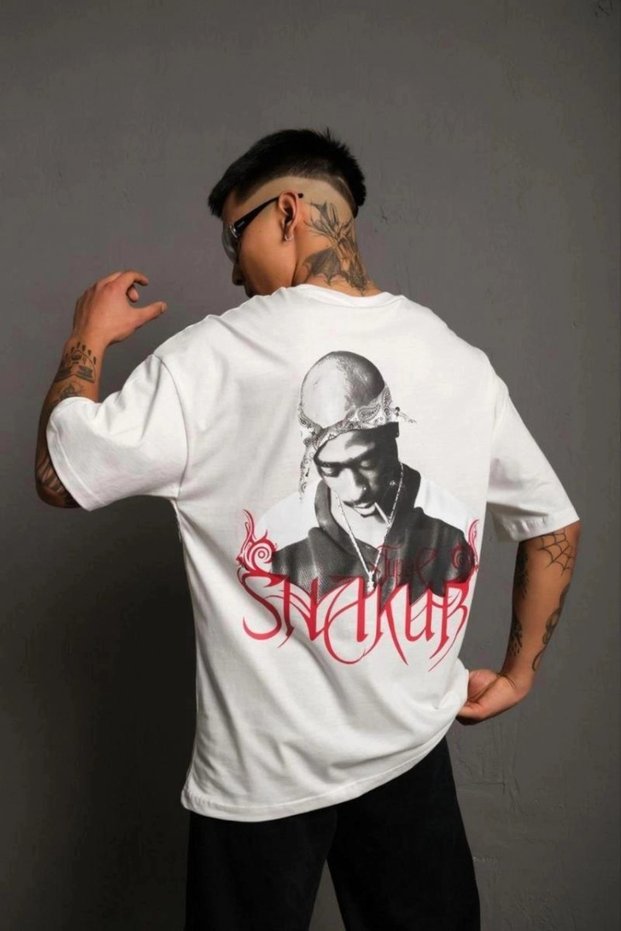 Marchè Bien Men's Printed T-Shirt Oversize Short-Sleeved Crew Neck T-Shirt - White