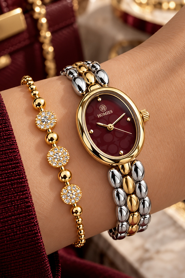 Oval Case Gold Silver Claret Red Women's Wristwatch - 3 Atm Water Resistant Steel Band Japanese Movement Gift Special Boxed Hmby2082C1
