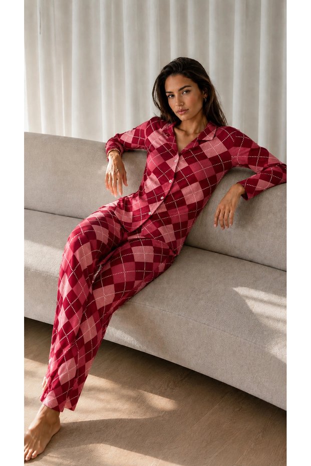 Marchè Bien Women's Patterned Basic Winter Green Pajama Set