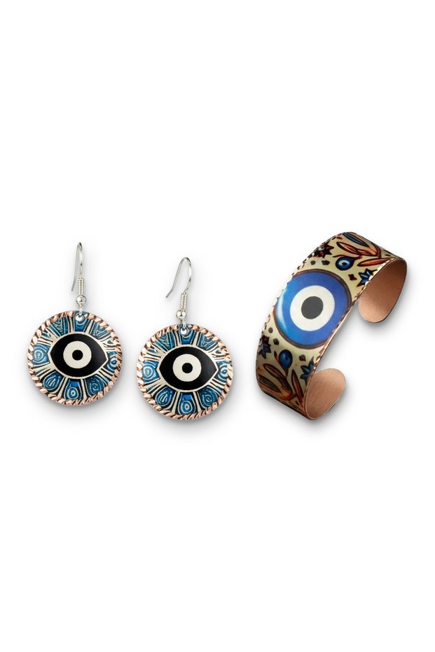 Uğur Gözü New Year Handmade Copper Evil Eye Patterned Earrings and Bracelet Set Adjustable
