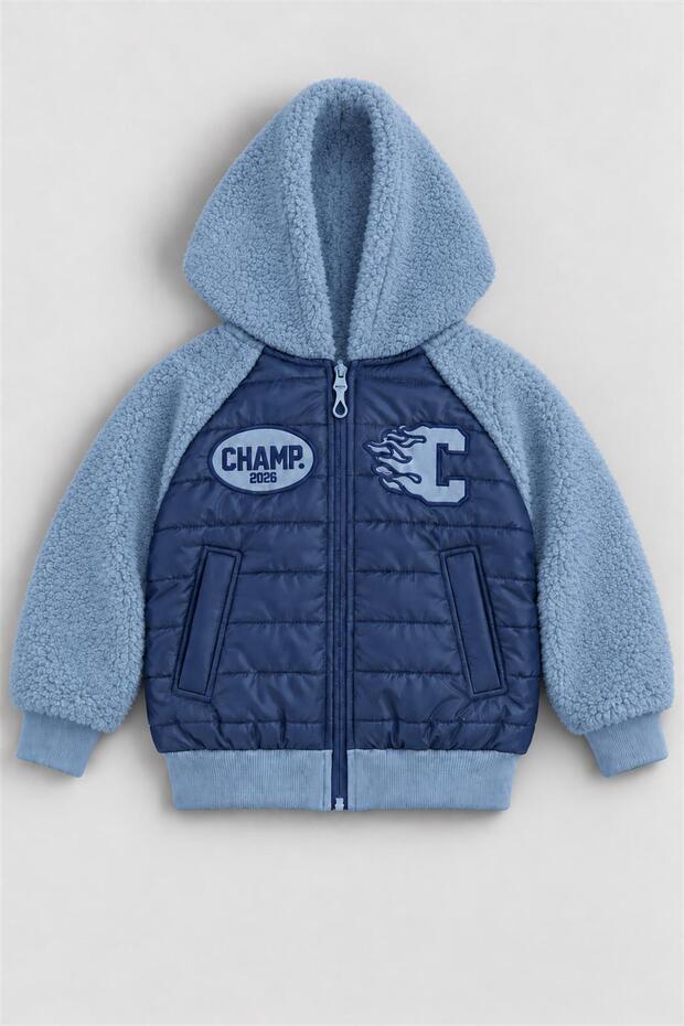 Boy's Quilted Plush Sleeve Hooded College Jacket