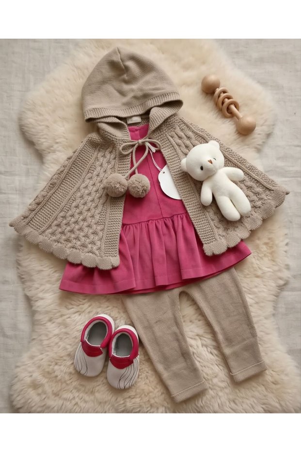 100% Knitwear Poncho-Corduroy-Pants 3-Piece Set