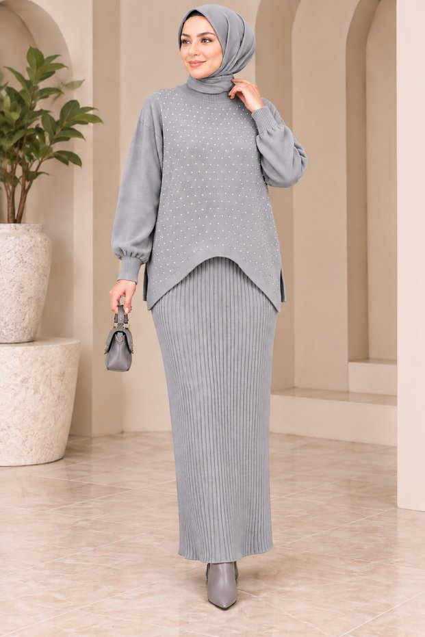 Women's Hijab Knitwear Set Stone Embroidered High Neck Balloon Sleeve Long Skirt Two-Piece Combination