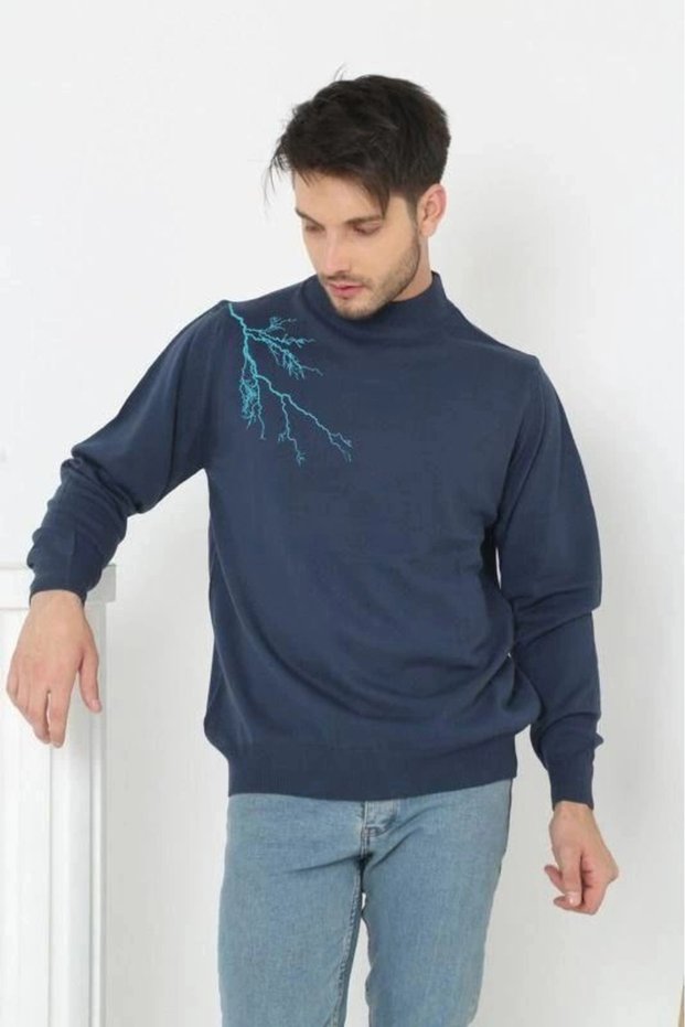 Marchè Bien Men's Half-Balanced Collar Sweater Printed Woven Knitwear - Indigo