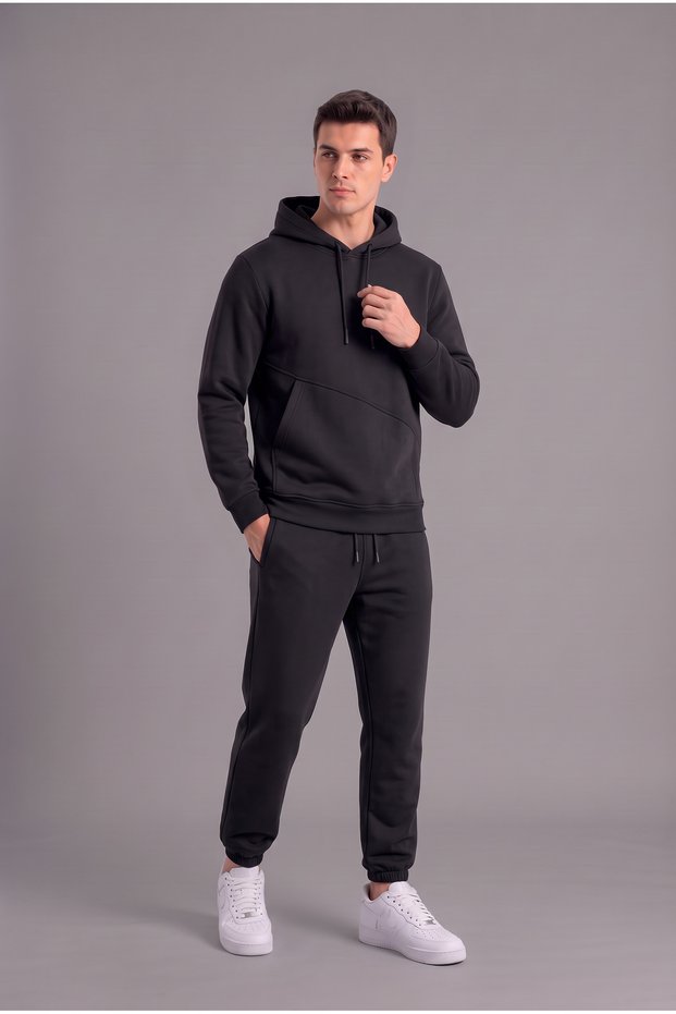 Men's Black Tracksuit Set 3-Strap Soft Fabric with Side Pockets