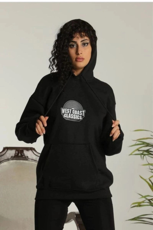 Women's Oversize Hooded Pocket Printed 3 Thread Cotton Hoodie Sweatshirt - Black