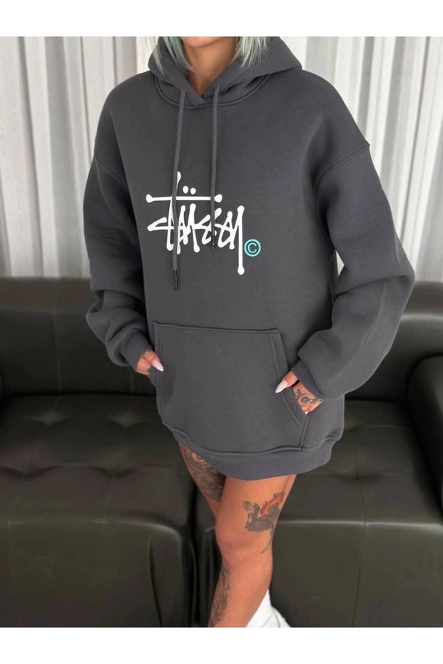 Marchè Bien Women's Oversize Hooded Pocket Printed 3-Yarn Cotton Hoodie Sweatshirt - Smoked