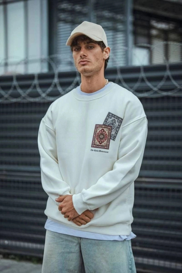 Men's 3-Thread Cotton Crew Neck Printed Sweatshirt - White