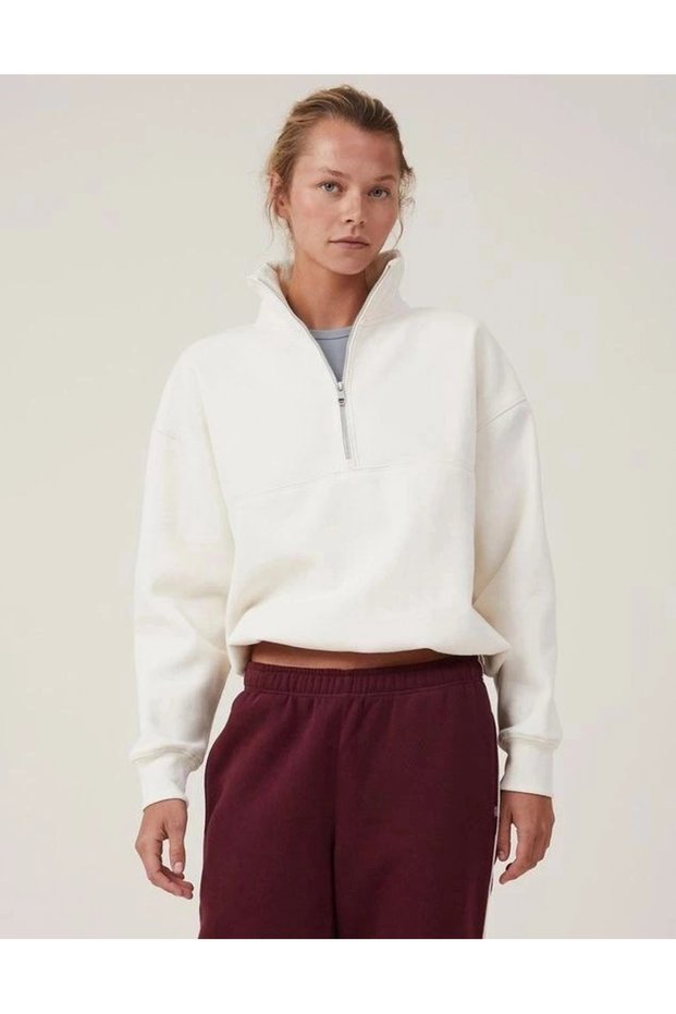 Marchè Bien Women's 3 Thread Cotton Oversize Half Zipper Collared Basic Sweatshirt - White