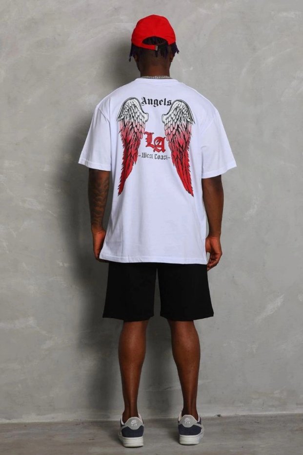Men's Short Sleeve T-Shirt Crew Neck Wing Printed Oversize T-Shirt - White