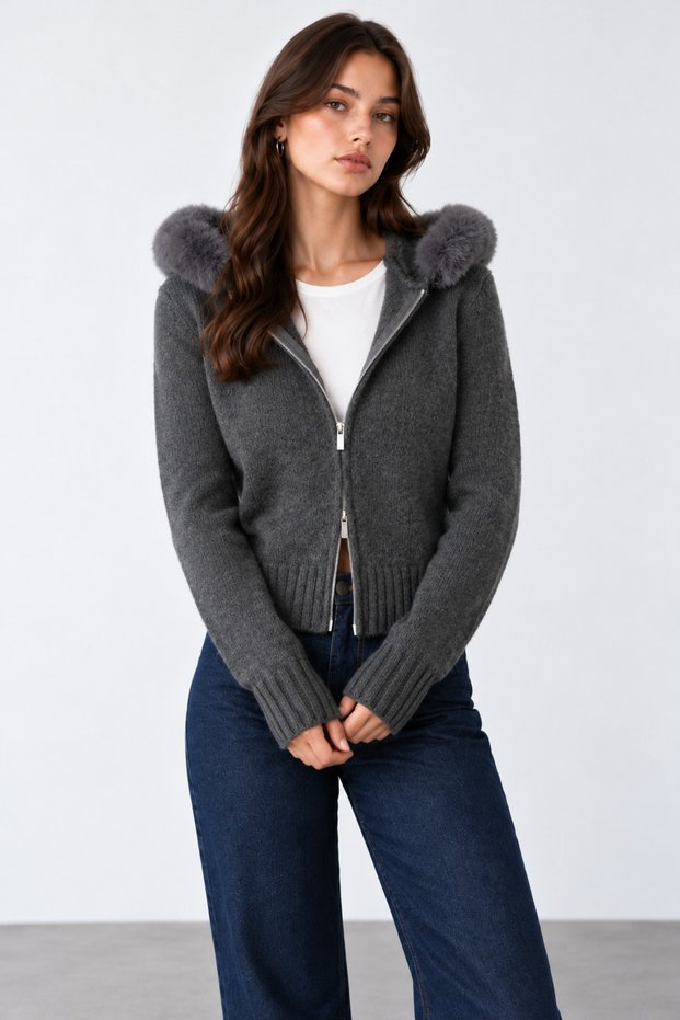Women's Double Zipper Fur Hooded Cardigan