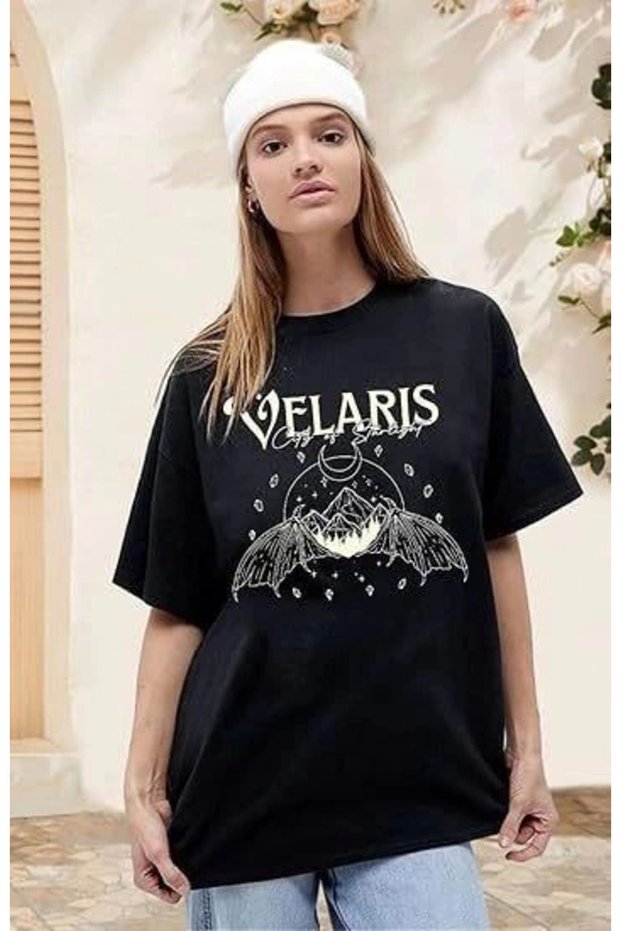 Marchè Bien Women's Printed T-Shirt Short Sleeve Crew Neck Oversize Comfortable Fit T-Shirt - Black