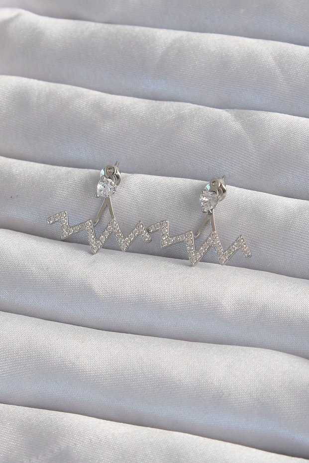 Brass Silver Color Zircon Stone Zigzag Earrings