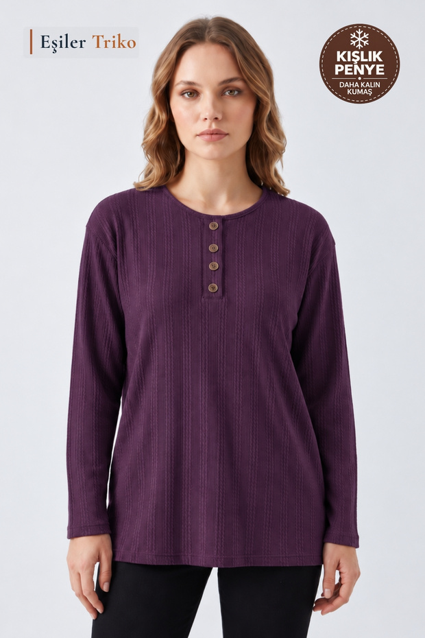 Women's Winter Twisted Patterned 4-Button Knitwear Look Mother's Combed Cotton Blouse