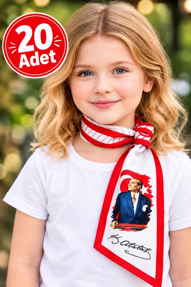 20 Pieces of Children's Scarves with Atatürk's Image - October 29 - November 10 - April 23 - Stylish Design Reflecting the Love for the Republic with Atatürk's Portrait