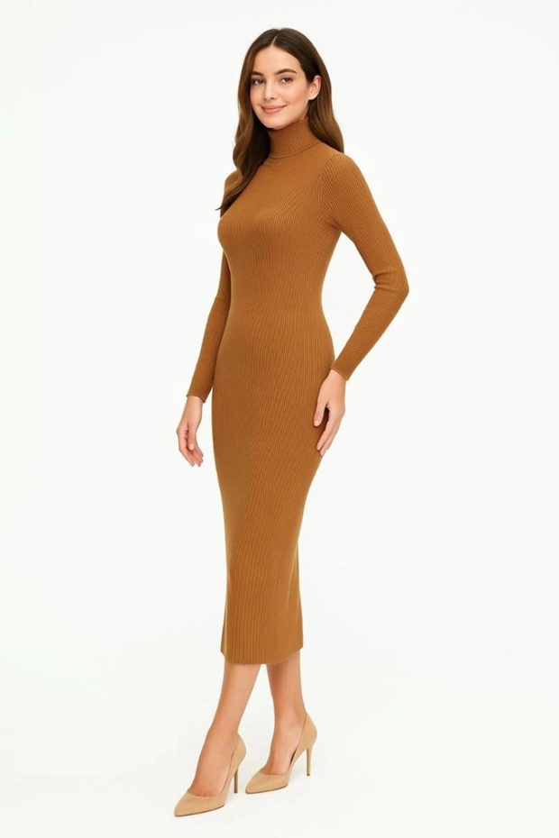 Marchè Bien Women's High-Neck Knitwear Dress Long Ribbed Flexible Woven Full-Fit Spring Dress 130 - Brown