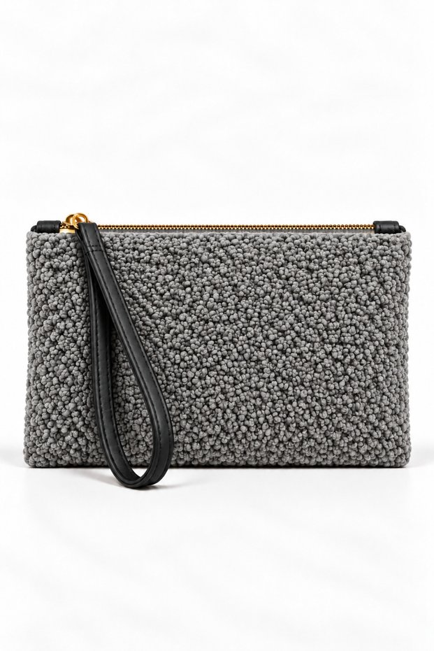 Women's Gray Plush Wristlet Bag with Zipper, Soft Textured Portfolio & Clutch Bag