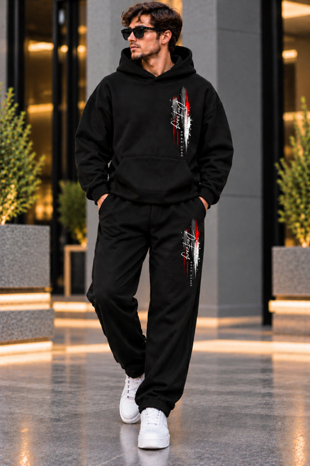 Unisex Hooded Doenteen Printed Tracksuit Set Oversize Sweatshirt Thick Winter Top Two Yarns Seasonal Bottom Sportswear Set