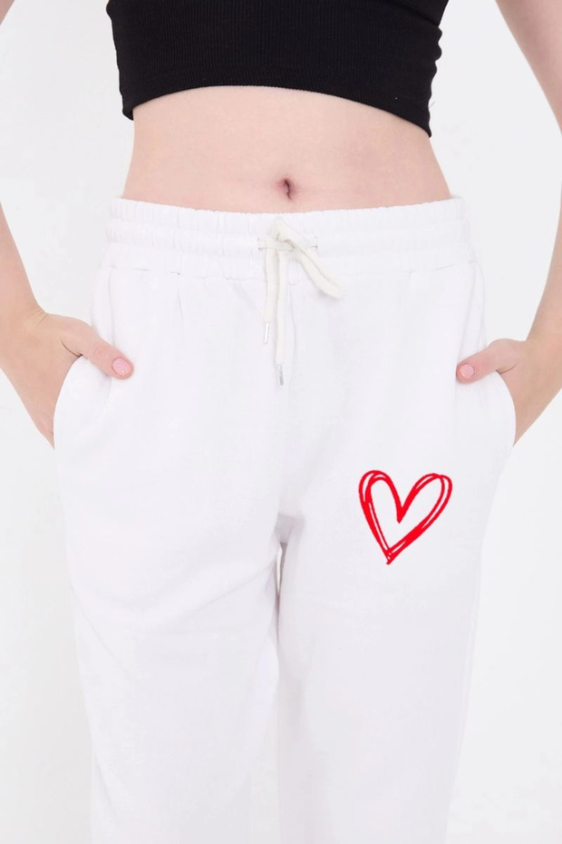 Marchè Bien Women's Three-Thread Cotton Printed Sweatpants with Elastic Cuffs and Pockets - White