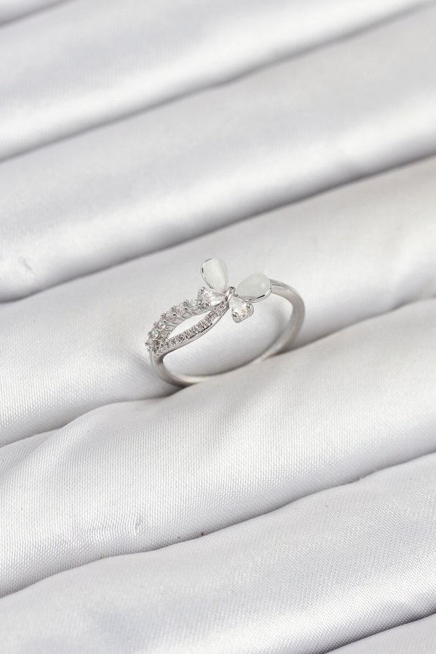 Brass Silver Color Butterfly Zircon Stone Women's Ring