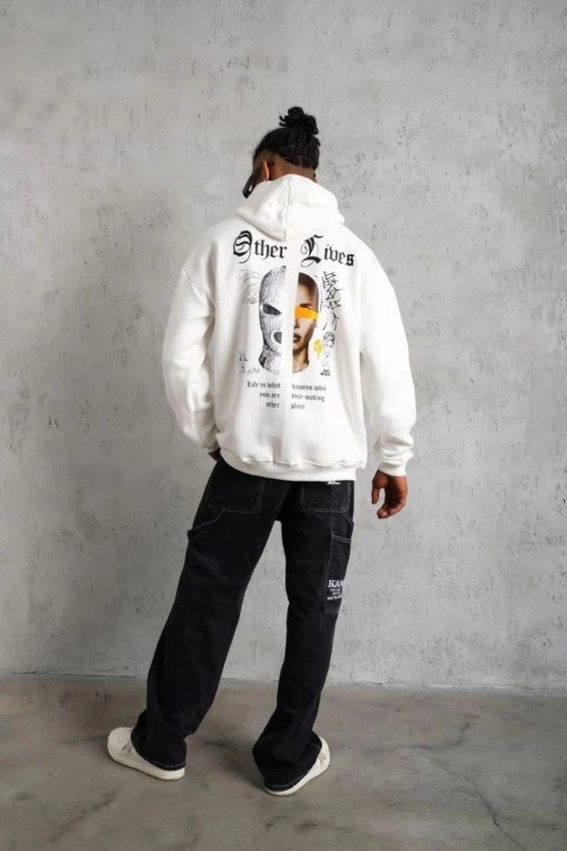Men's Hooded Sweatshirt with Kangaroo Pocket, 3 Thread Cotton Printed Hoodie - White