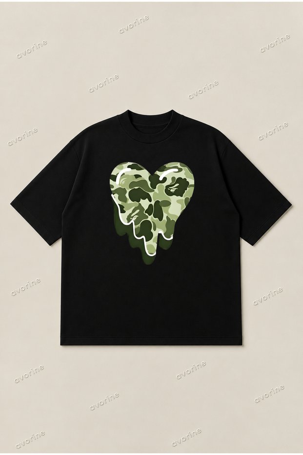 Bape Green Heart Printed Oversize Boxy Cut Unisex 100% Cotton Tshirt | Streetwear